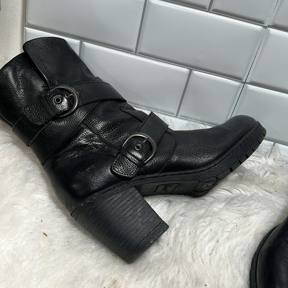 Born Pebbled Leather Mid Calf Heeled Moto Riding Boots Black chunky heel size 10 - Picture 3 of 10
